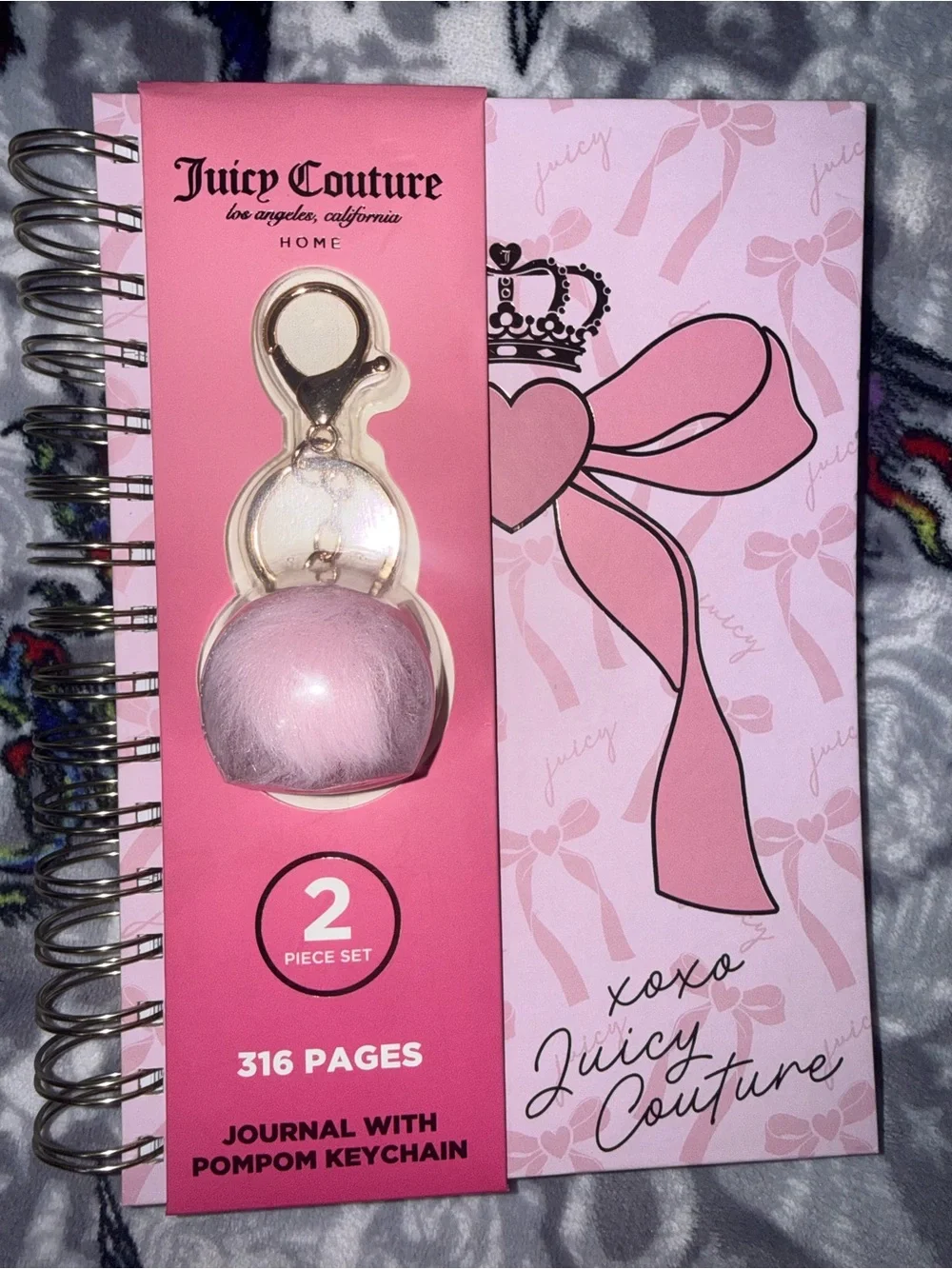 Juicy Couture Home Pink Bow Spiral Journal & Pom Pom Keychain Set